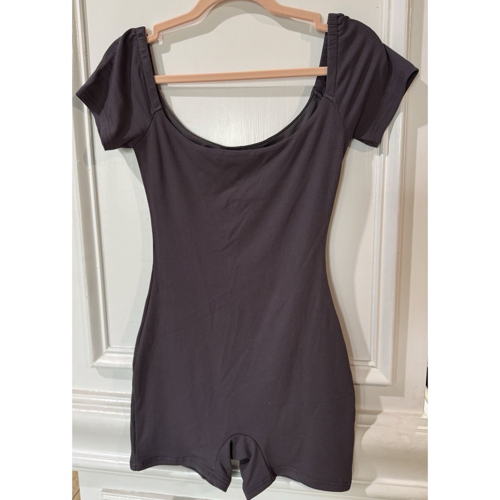 White Fox Ribbed Charcoal Gray Places To Be Playsuit Fitted Lounge Romper Small